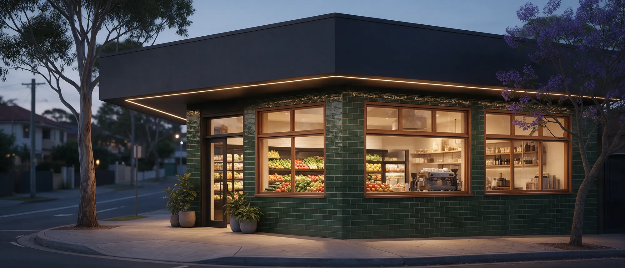 The locol store at dusk, green glazed tiles and warm windows on a Burraneer Bay corner